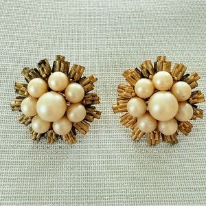 Trifari Vintage Gold and Cream Faux Pearl Earrings